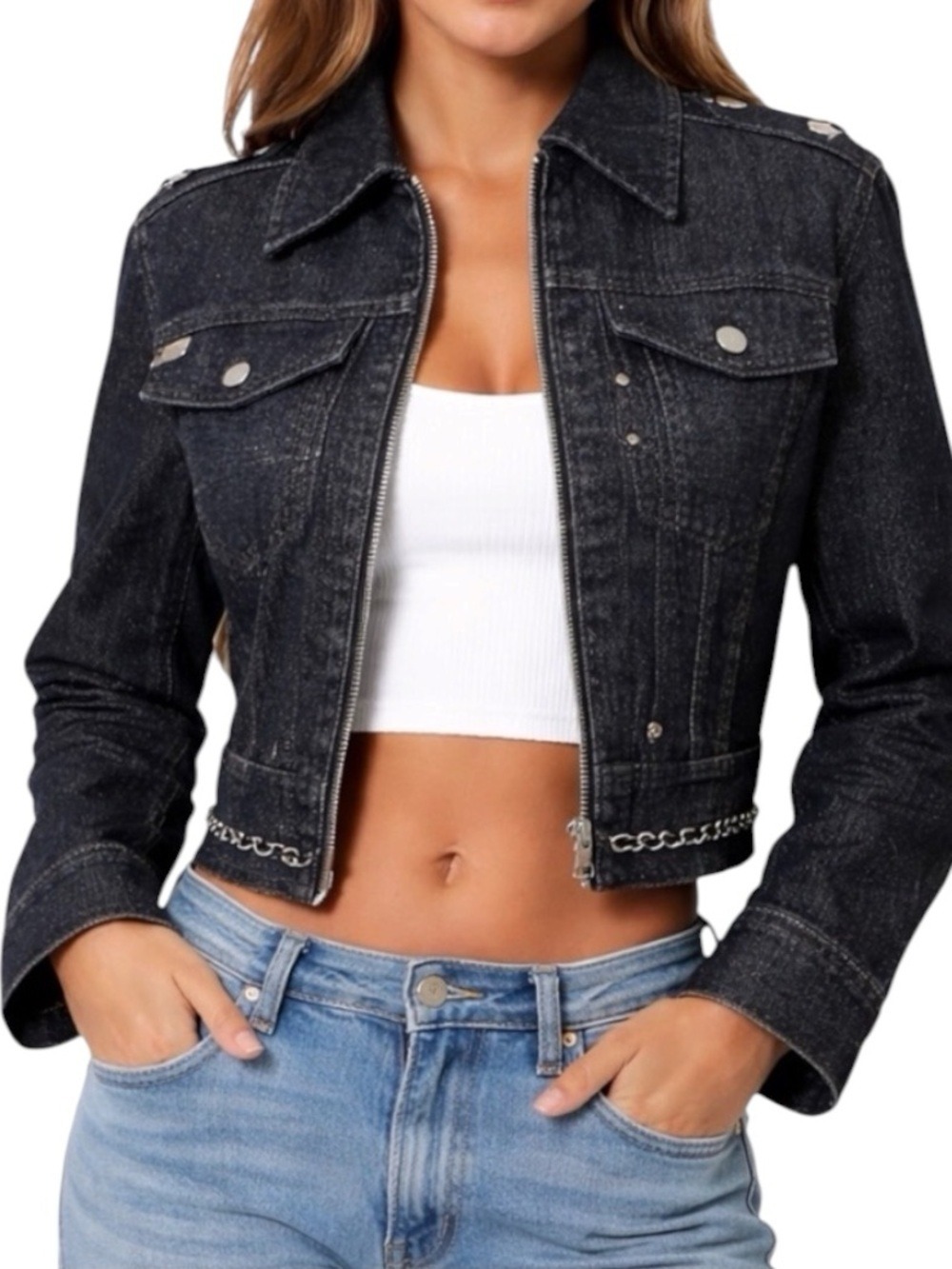Indie Sleaze Dark Denim Chain Trim Cropped Jacket